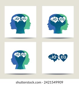 Set of four square cards with IQ and EQ icons. Intellectual and emotional intelligence of right and left brain hemispheres concept. Vector illustration backgrounds.