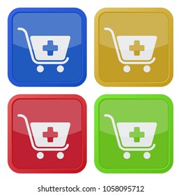 set of four square colored buttons and icons, shopping cart plus