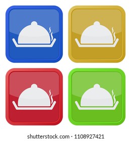 set of four square colored buttons and icons, serving tray with lid and smoke