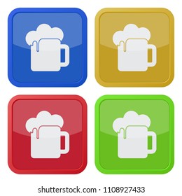 set of four square colored buttons and icons, beer with foam
