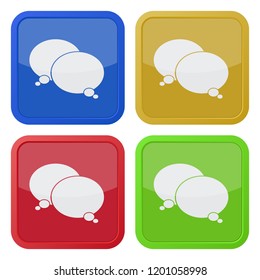 set of four square colored buttons and icons, two speech bubbles
