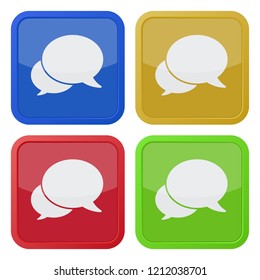 set of four square colored buttons and icons, two speech bubbles