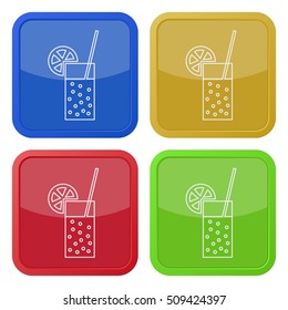 Set of four square colored buttons and icons. Glass with carbonated drink, straw and citrus.