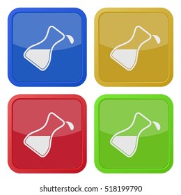 Set of four square colored buttons and icons. Flask with a drop.