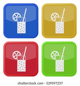 Set of four square colored buttons and icons. Glass with carbonated drink, straw and citrus.
