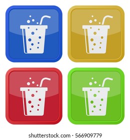 Set of four square colored buttons and icons. Fast food carbonated drink with straw.