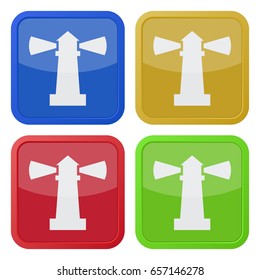 set of four square colored buttons and icons, lighthouse