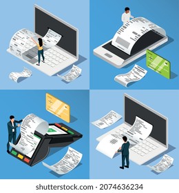 Set of four square compositions with isometric images of receipt bill cards and gadgets with people vector illustration