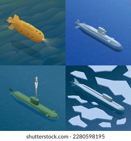 Conjunto de cuatro composiciones cuadradas de submarinos isométricos flotando en alta mar cohetes de lanzamiento que aplastan ilustración de vectores de hielo