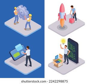 Se establece con cuatro composiciones cuadradas con el desarrollo de aplicaciones móviles iconos isométricos de los equipos de smartphone y la ilustración de los vectores de personas