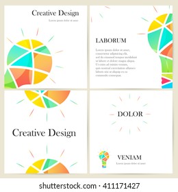 Set of four square creative cards. White background. Abstract colorful light. Design for brochure, books, advertising, presentations, personal card. Vector illustration.