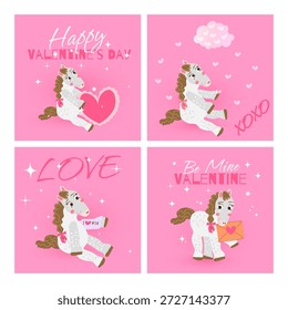 Conjunto de quatro cartões comemorativos quadrados do Dia dos Namorados com um personagem bonitinho estilizado de menina de cavalo em um fundo rosa suave. O cavalo é mostrado em diferentes poses e humores, segurando um coração, recebendo corações em queda, carregando uma carta de amor, e sorrindo para um elenco com uma mensagem de amor