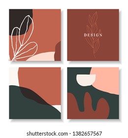 A set of four square design templates with abstract shapes, botanical illustrations and sample text. Trendy and social media post, newsletter in brown, dark green, orange, white and black.