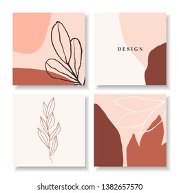 Conjunto de cuatro plantillas de diseño cuadrado con formas abstractas, ilustraciones botánicas y texto de ejemplo. Publicaciones de medios sociales modernas y femeninas, diseño de boletines en marrón, rosa pastel, blanco y negro.