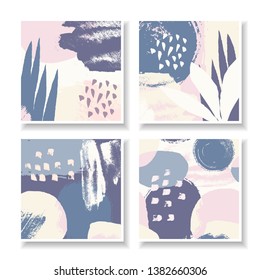 A set of four square design templates with hand drawn abstract shapes and textures. Creative vector illustrations, social media posts, newsletter designs in light blue, pastel pink, yellow and purple.