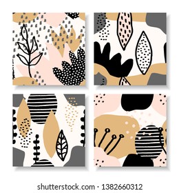 A set of four square design templates with abstract floral shapes and textures. Creative modern art vector illustrations, social media posts, newsletter design in pastel pink, black, yellow and white.
