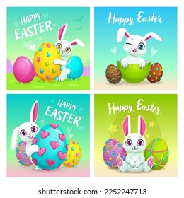 Set of four square Easter greeting cards with colored eggs and bunnies. Vecor holiday illustration in cartoon style.