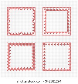 Set of four square frames - Cross stitch pattern. Redwork ornament for embroidery. Cross-stitch border. Perfect for Christmas design. Vector illustration.