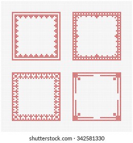 Set of four square frames - Cross stitch pattern. Redwork ornament for embroidery. Cross-stitch border. Perfect for Christmas design. Vector illustration.