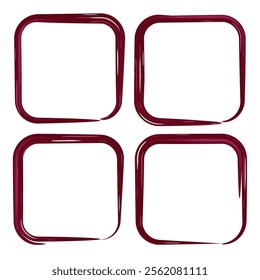 Set of four square frames drawn with thick, expressive brushstrokes in a deep red color. bold and creative accents to headers, banners, or dividers. bold and expressive element to visual projects. 