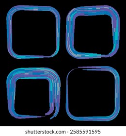 Set of four square frames with dynamic and futuristic aesthetics creating a sense of movement and energy. Ideal for technology-based presentations software interfaces and futuristic branding.