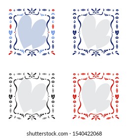 Set of four square frames from the elements of lips, butterflies and leaves. Vector illustration.
Black, red and blue colors.