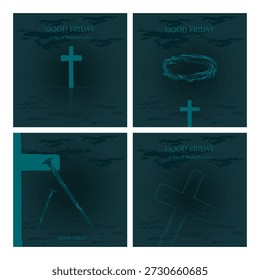 Conjunto de cuatro ilustraciones cuadradas del Viernes Santo creadas en un estilo simbólico minimalista. La colección presenta imágenes cristianas silenciosas y poderosas como la cruz, la corona de espinas, el clavo y las formas sombrías, expresando sacrificio, recuerdo y silencio. Diseñado para las comunicaciones de la iglesia de la Semana Santa, publicaciones en las redes sociales, portadas de boletines e imágenes basadas en la fe. Diseño tranquilo, sobrio y atemporal
