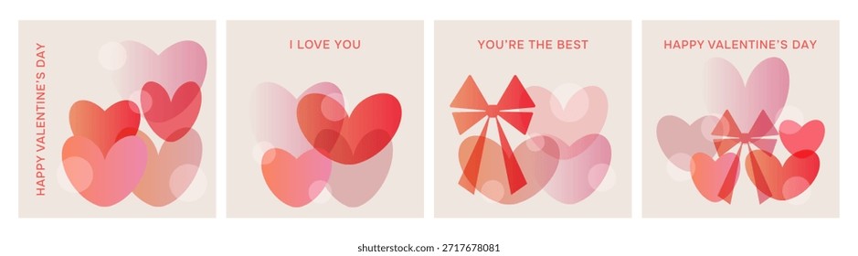 Ein Satz von vier quadratischen Grußkarten mit roten und rosa Herzen zum Valentinstag. Grafische Elemente zum Thema Liebe zum Urlaub. Vektor.