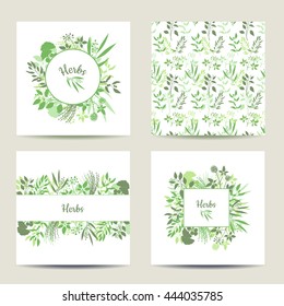 Set of four square herbal card templates. Green round frame with collection of plants. Silhouette of branches isolated on white background
