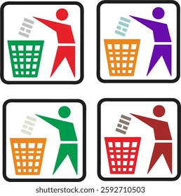 A set of four square icons illustrating a person throwing paper waste into a trash bin. Perfect for eco-friendly campaigns, recycling programs, and public awareness materials