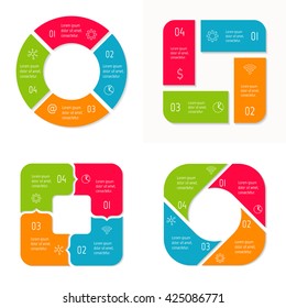 Set of four square infographic diagrams with 4 options. Isolated paper sequence banners for tutorial. EPS10 progress steps templates.