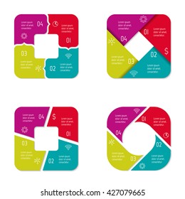 Set of four square infographic diagrams with 4 options. Isolated paper sequence banners for tutorial. EPS10 progress steps templates.