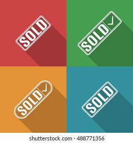 Set of four square multicolored icons sold, a long diagonal shadow, vector illustration.