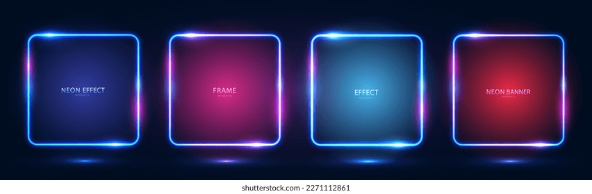 A set of four square neon frames with shining effects, highlights and inscriptions on a dark background. Futuristic modern neon glowing banners. Vector illustration.