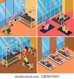 Set with four square pilates isometric compositions with indoor views of gym with athletic people apparatus vector illustration