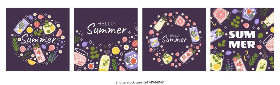 Set of four square post featuring vibrant, refreshing drinks with citrus, berries, and floral elements, purple background. Text Summer, decorative elements like daisies, leaves, fruit slices