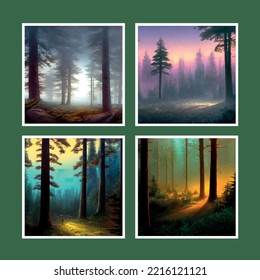 set four square postures. Futuristic night landscape with abstract forest landscape. Dark scene natural forest with reflection sunbeams. Gloomy forest with scary trees vector illustration.