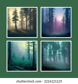 set four square postures. Futuristic night landscape with abstract forest landscape. Dark scene natural forest with reflection sunbeams. Gloomy forest with scary trees vector illustration.