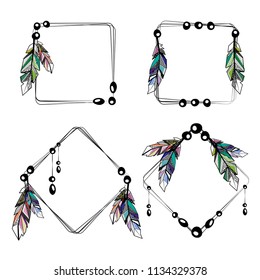 Set of four square tribal frames with boho feathers