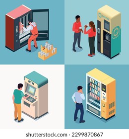 Set with four square vending machine isometric compositions with characters of users technicians and electronic terminals vector illustration