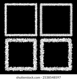 A set of four square white frames against a black background. glitch art or pixelated style border frame. distorted and fragmented appearance.  rough, pixelated texture. decorative elements for poster