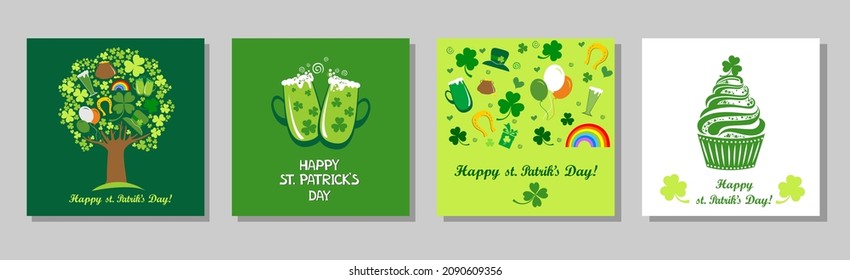 Set of four St. Patrick's Day cards with beer glasses, clover,  pot of gold, hat and cupcake. Saint Patrick's Day party flyer, brochure, holiday invitation. Vector illustration.