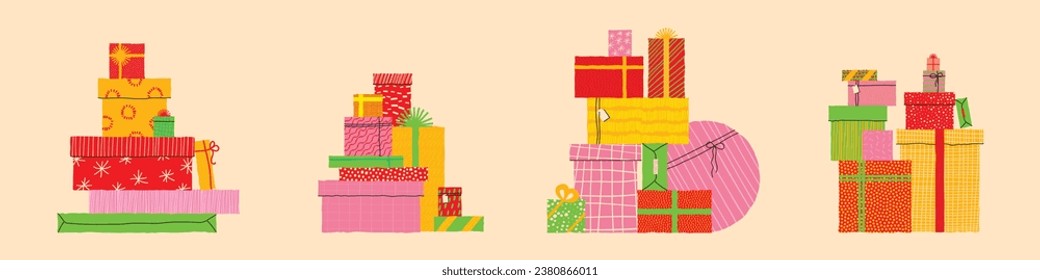 Set of four stacks different presents for Christmas holiday. Gift boxes in festive wrapping various craft paper with ribbon and bows. Flat style vector illustration