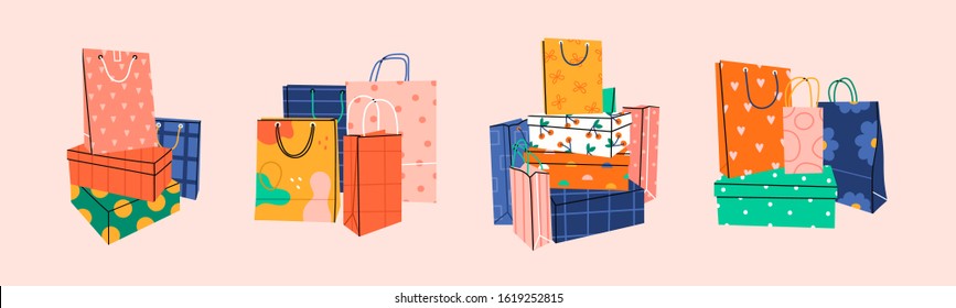 Set of four stacks of Shoe boxes with various craft paper Shopping or gift bags. Sacks for purchases, presents. Hand drawn colored vector illustration. Shopping, sale concept