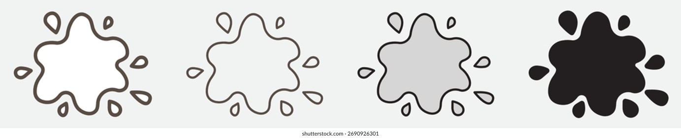 Conjunto de cuatro iconos de tinción en estilo lineal y sólido. Símbolos que representan manchas de tinta, pintura o suciedad, resaltando la necesidad de limpieza. Ideal para lavandería, limpieza o diseño de eliminación de manchas.