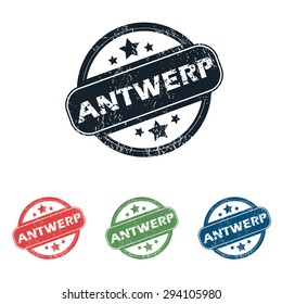 Set of four stamps with name Antwerp and stars, isolated on white