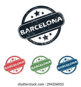 Set of four stamps with name Barcelona and stars, isolated on white