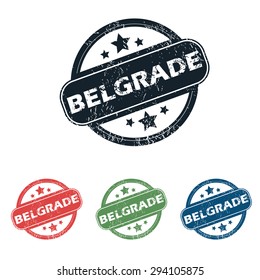 Set of four stamps with name Belgrade and stars, isolated on white