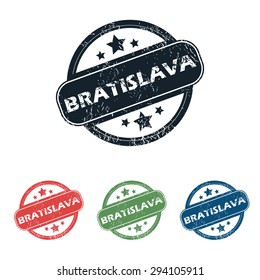 Set of four stamps with name Bratislava and stars, isolated on white