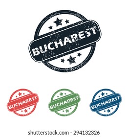 Set of four stamps with name Bucharest and stars, isolated on white